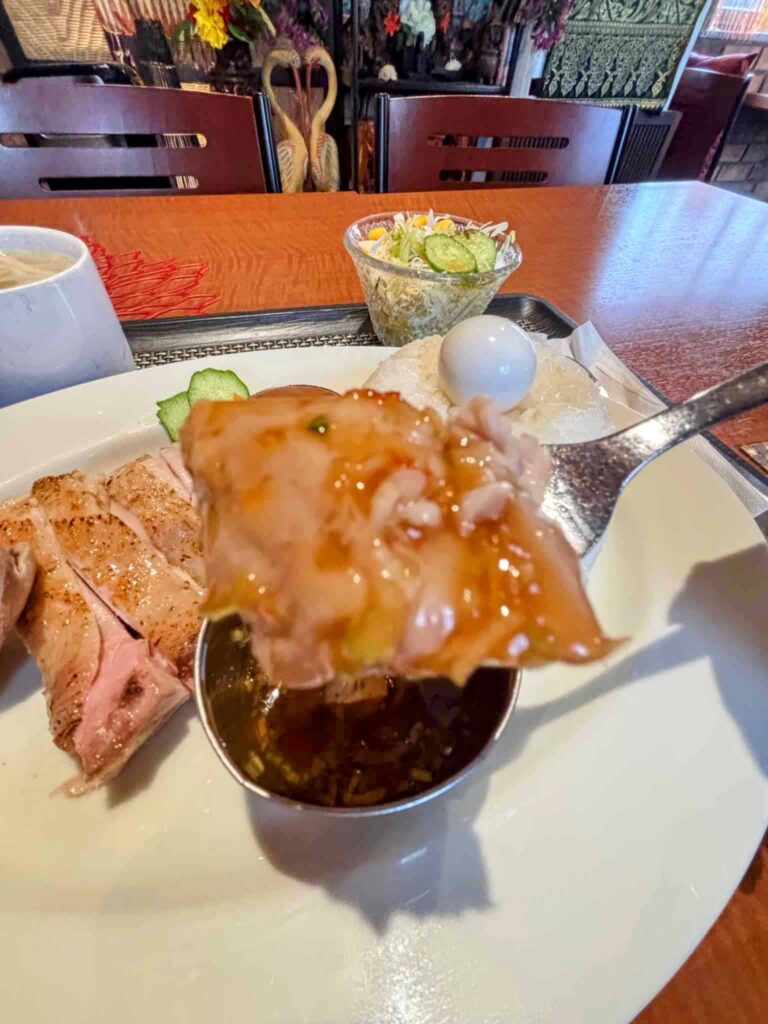 草加駅近く、エナルワンのチキンとソースをかけた写真。